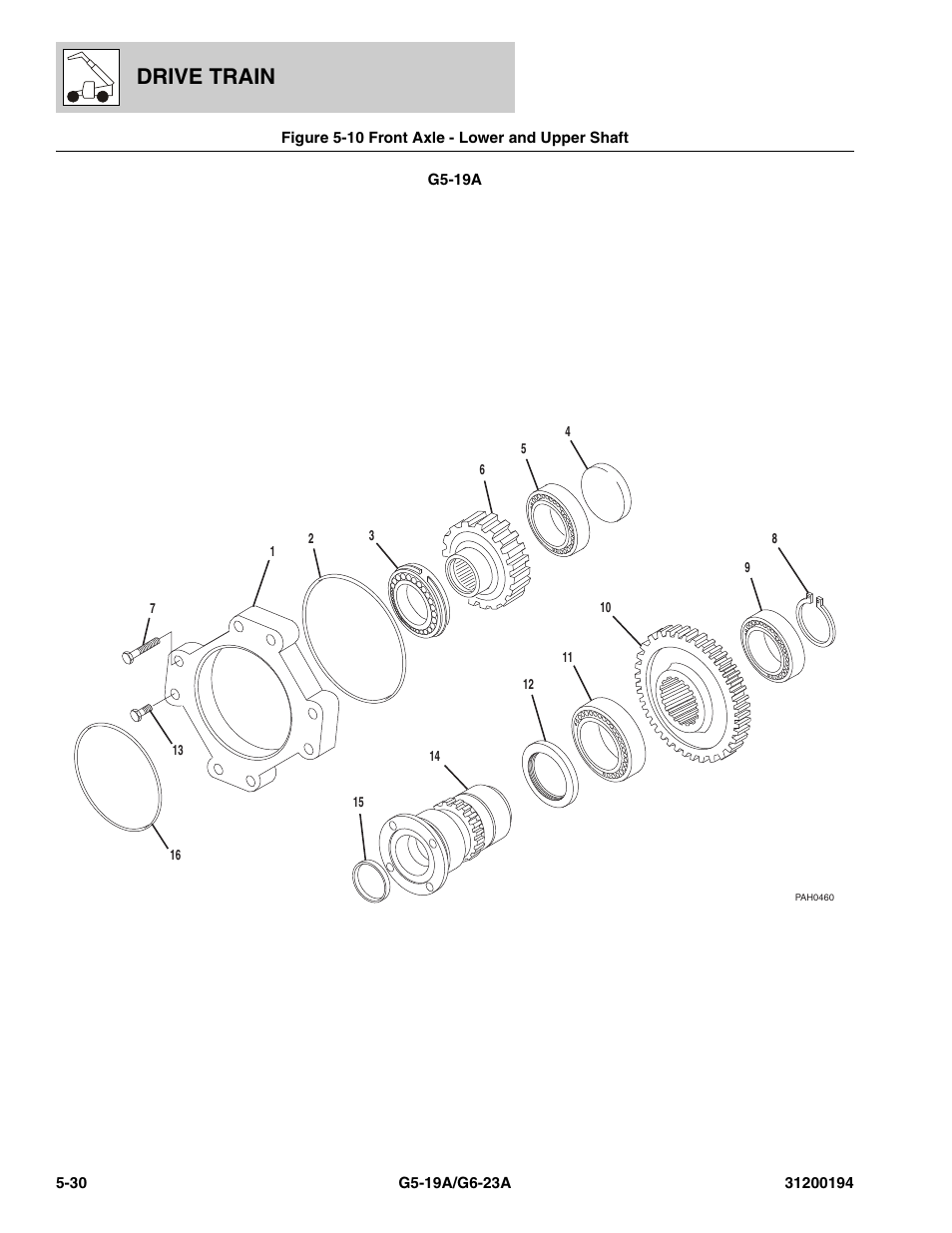 Figure 5-10 front axle - lower and upper shaft, Front axle - lower and upper shaft -30, Drive train | JLG G6-23A Parts Manual User Manual | Page 104 / 318