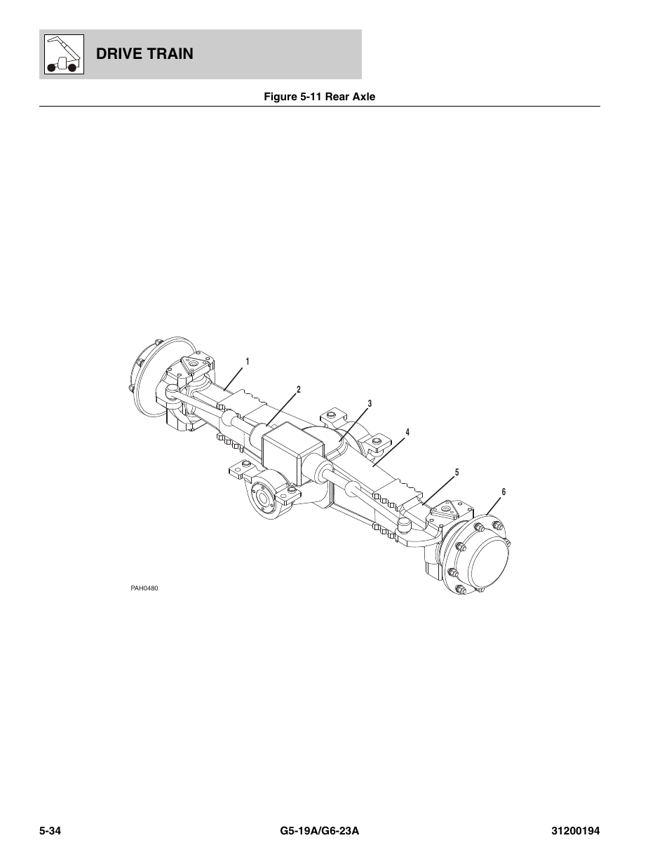Figure 5-11 rear axle, Rear axle -34, Axle assy, (see figure 5-11 for details) | Drive train | JLG G6-23A Parts Manual User Manual | Page 108 / 318