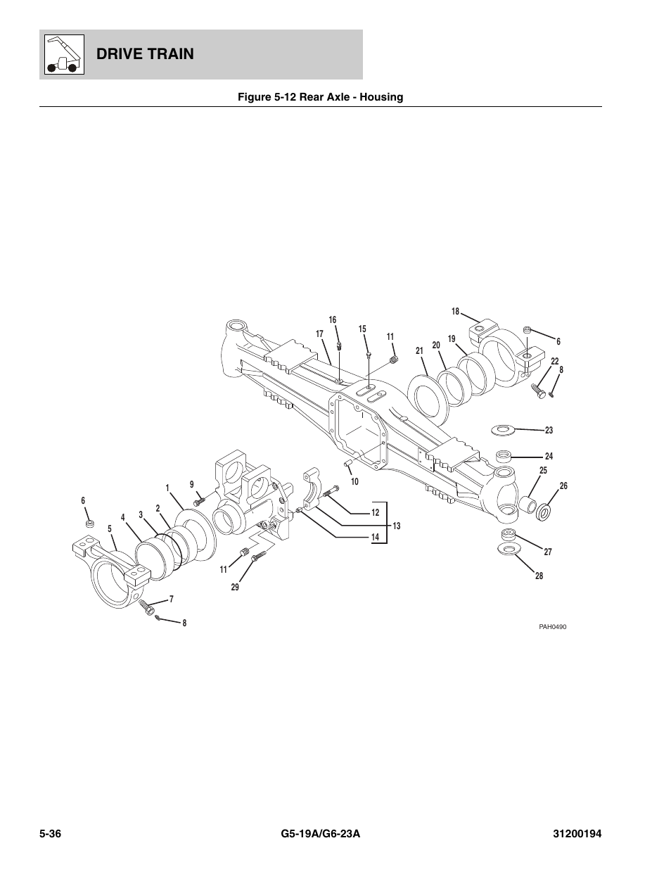 Figure 5-12 rear axle - housing, Rear axle - housing -36, Drive train | JLG G6-23A Parts Manual User Manual | Page 110 / 318