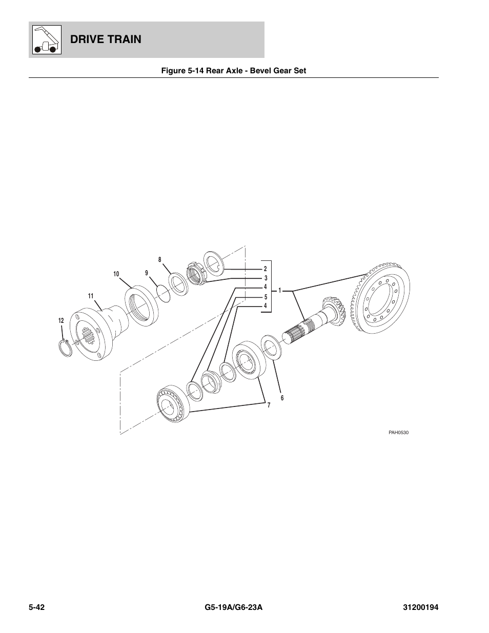 Figure 5-14 rear axle - bevel gear set, Rear axle - bevel gear set -42, Drive train | JLG G6-23A Parts Manual User Manual | Page 116 / 318