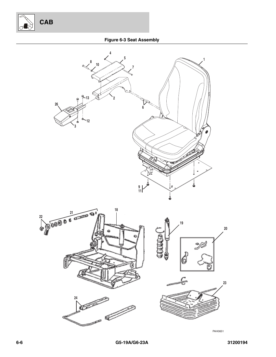 Figure 6-3 seat assembly, Seat assembly -6, T, (see figure 6-3 for details) | JLG G6-23A Parts Manual User Manual | Page 142 / 318