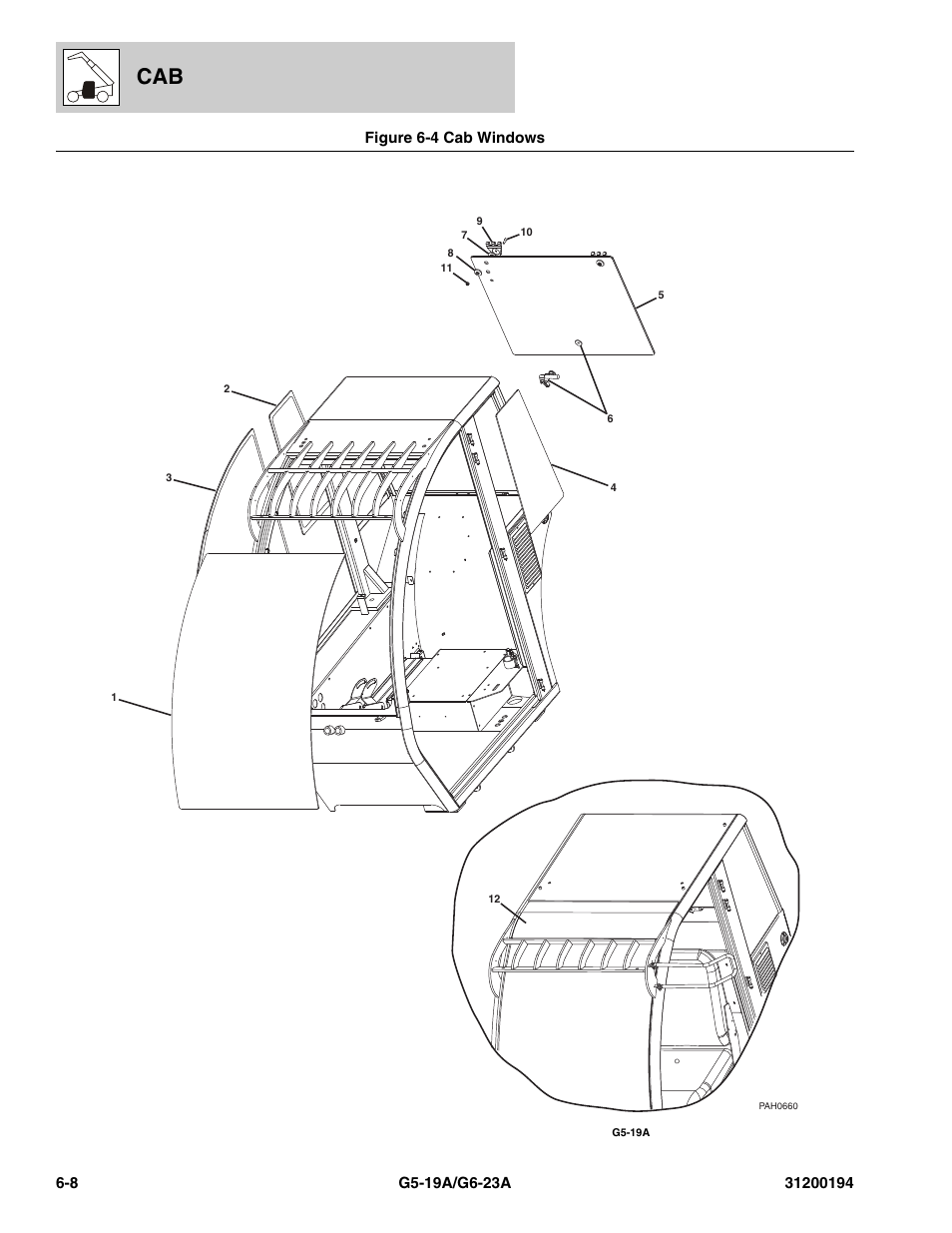 Figure 6-4 cab windows, Cab windows -8, Figure 6-4) | Ws, (see figure 6-4 for details) | JLG G6-23A Parts Manual User Manual | Page 144 / 318