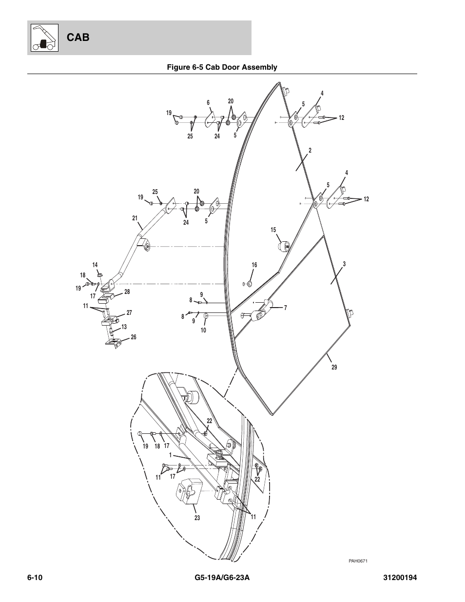 Figure 6-5 cab door assembly, Cab door assembly -10, Cab door, (see figure 6-5 for details) | Oor hold open assy, (see figure 6-5 for details) | JLG G6-23A Parts Manual User Manual | Page 146 / 318
