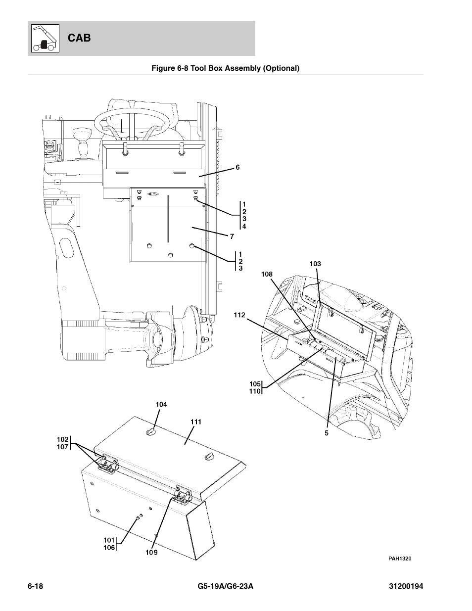 Figure 6-8 tool box assembly (optional), Tool box assembly (optional) -18 | JLG G6-23A Parts Manual User Manual | Page 154 / 318