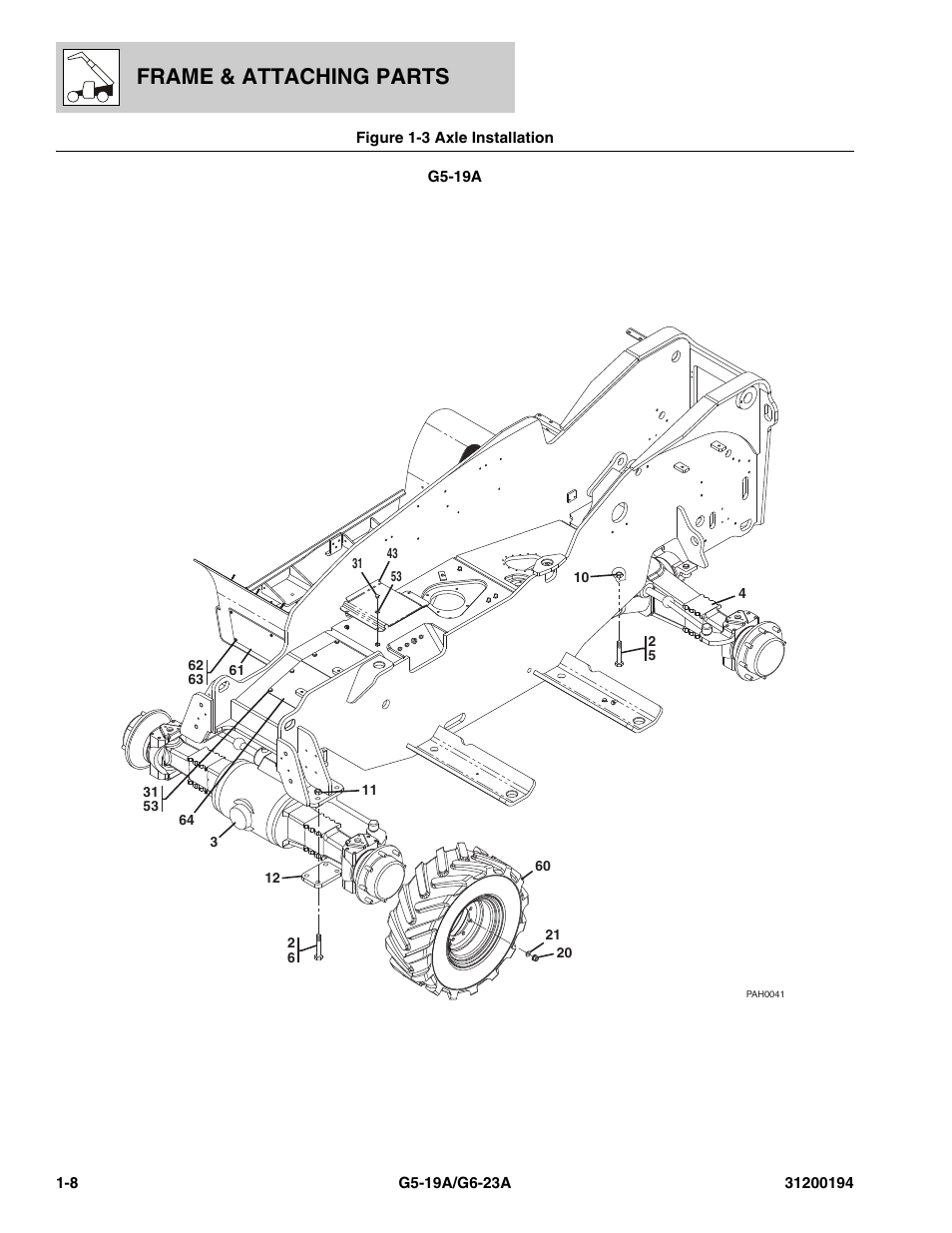 Figure 1-3 axle installation, Axle installation -8, Frame & attaching parts | JLG G6-23A Parts Manual User Manual | Page 16 / 318
