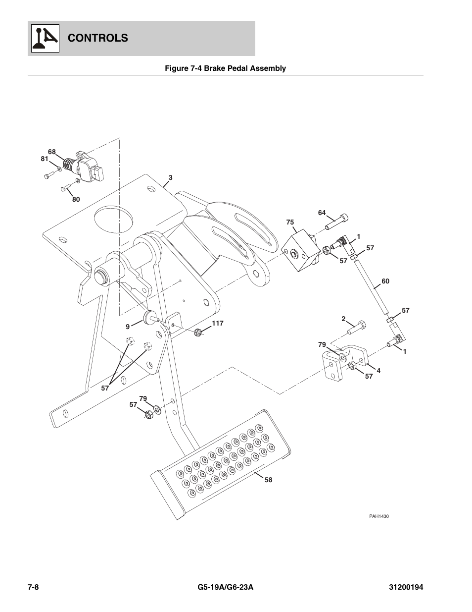 Figure 7-4 brake pedal assembly, Brake pedal assembly -8, Y, (see figure 7-4 for details) | Controls | JLG G6-23A Parts Manual User Manual | Page 166 / 318