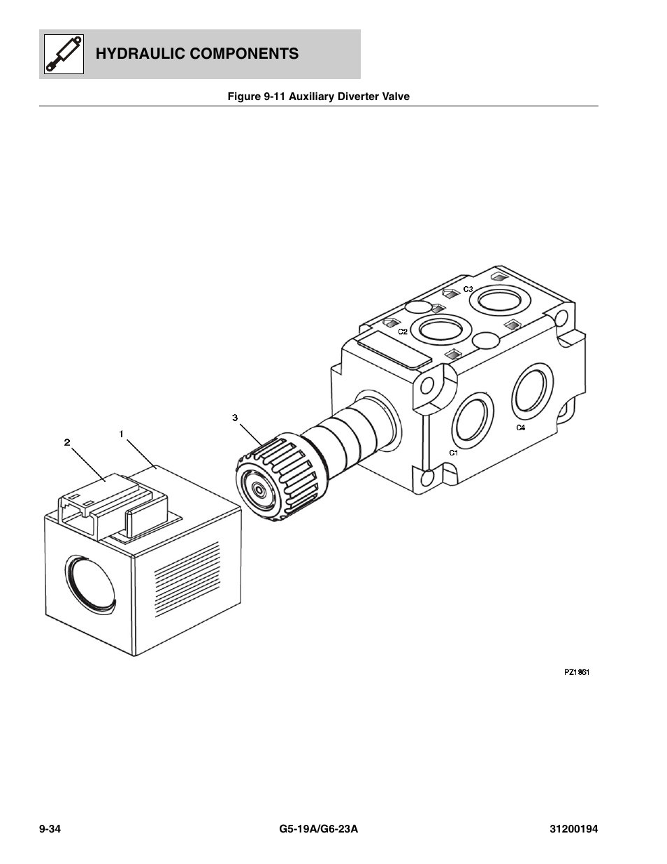 Figure 9-11 auxiliary diverter valve, Auxiliary diverter valve -34, Hydraulic components | JLG G6-23A Parts Manual User Manual | Page 232 / 318