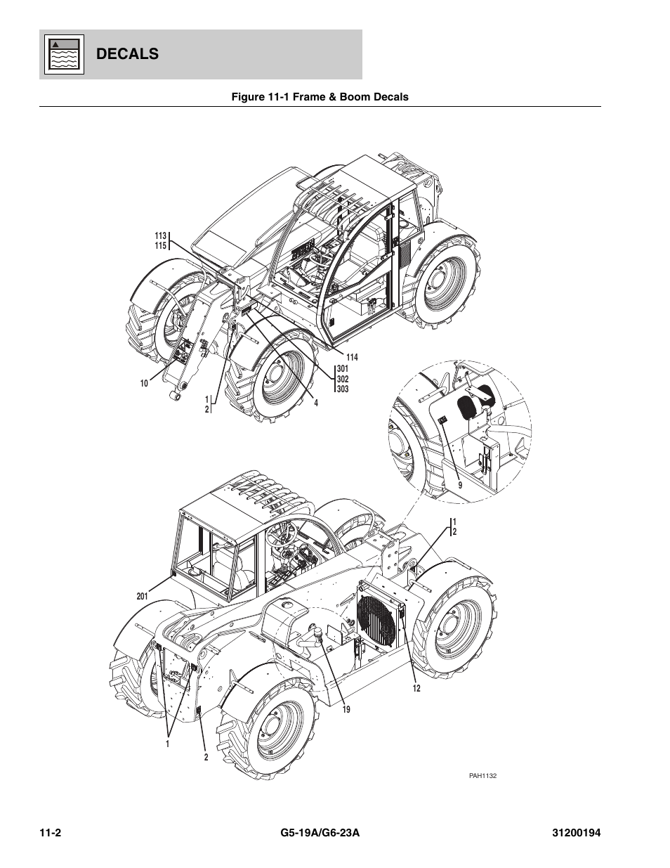 Figure 11-1 frame & boom decals, Frame & boom decals -2, Decals | JLG G6-23A Parts Manual User Manual | Page 266 / 318