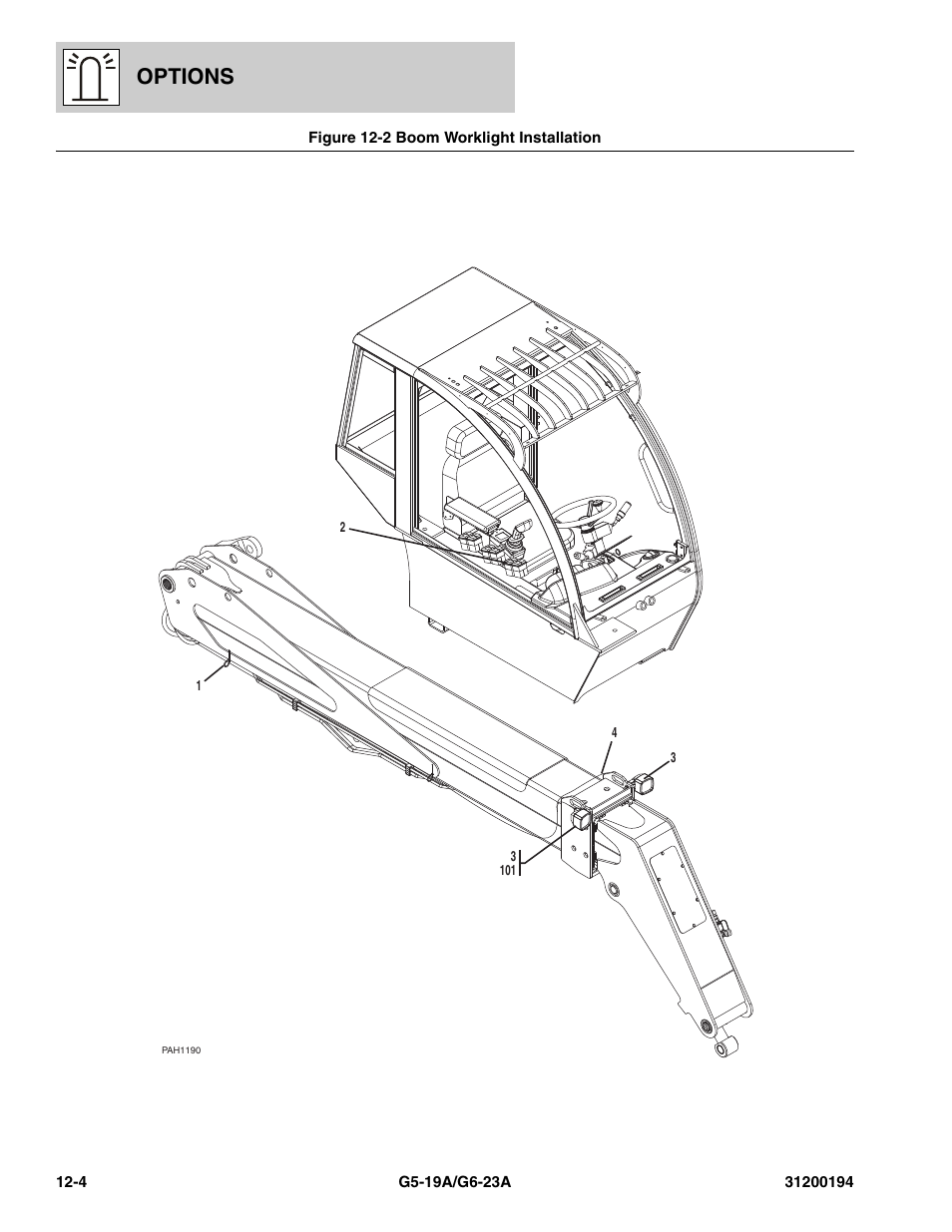 Figure 12-2 boom worklight installation, Boom worklight installation -4, Options | JLG G6-23A Parts Manual User Manual | Page 280 / 318