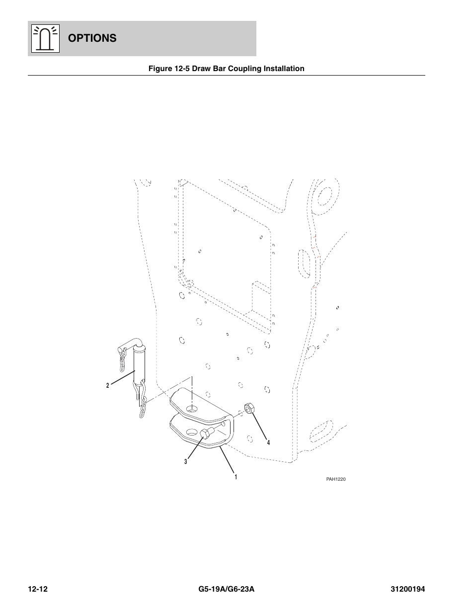 Figure 12-5 draw bar coupling installation, Draw bar coupling installation -12, Options | JLG G6-23A Parts Manual User Manual | Page 288 / 318