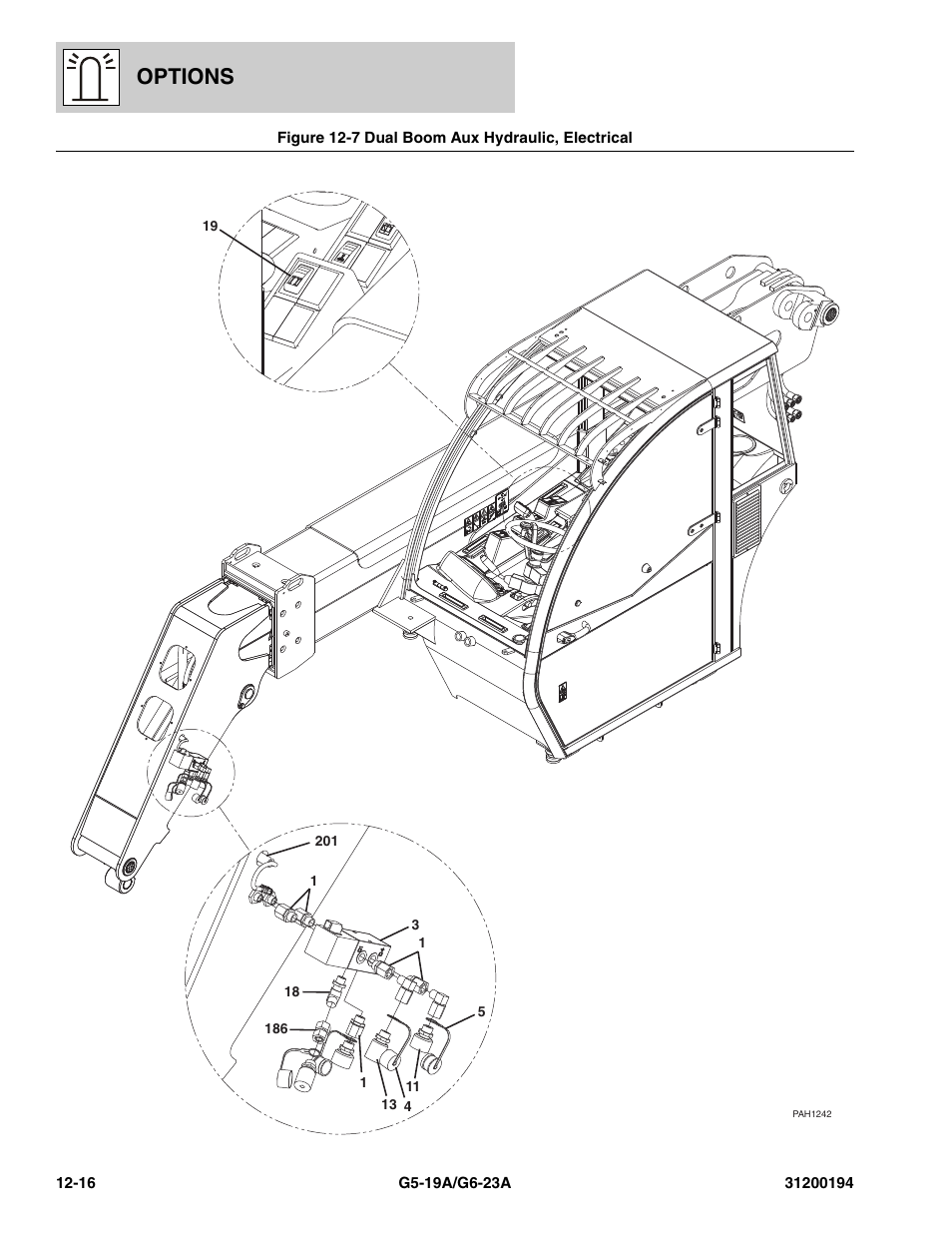 Figure 12-7 dual boom aux hydraulic, electrical, Dual boom aux hydraulic, electrical -16, Options | JLG G6-23A Parts Manual User Manual | Page 292 / 318