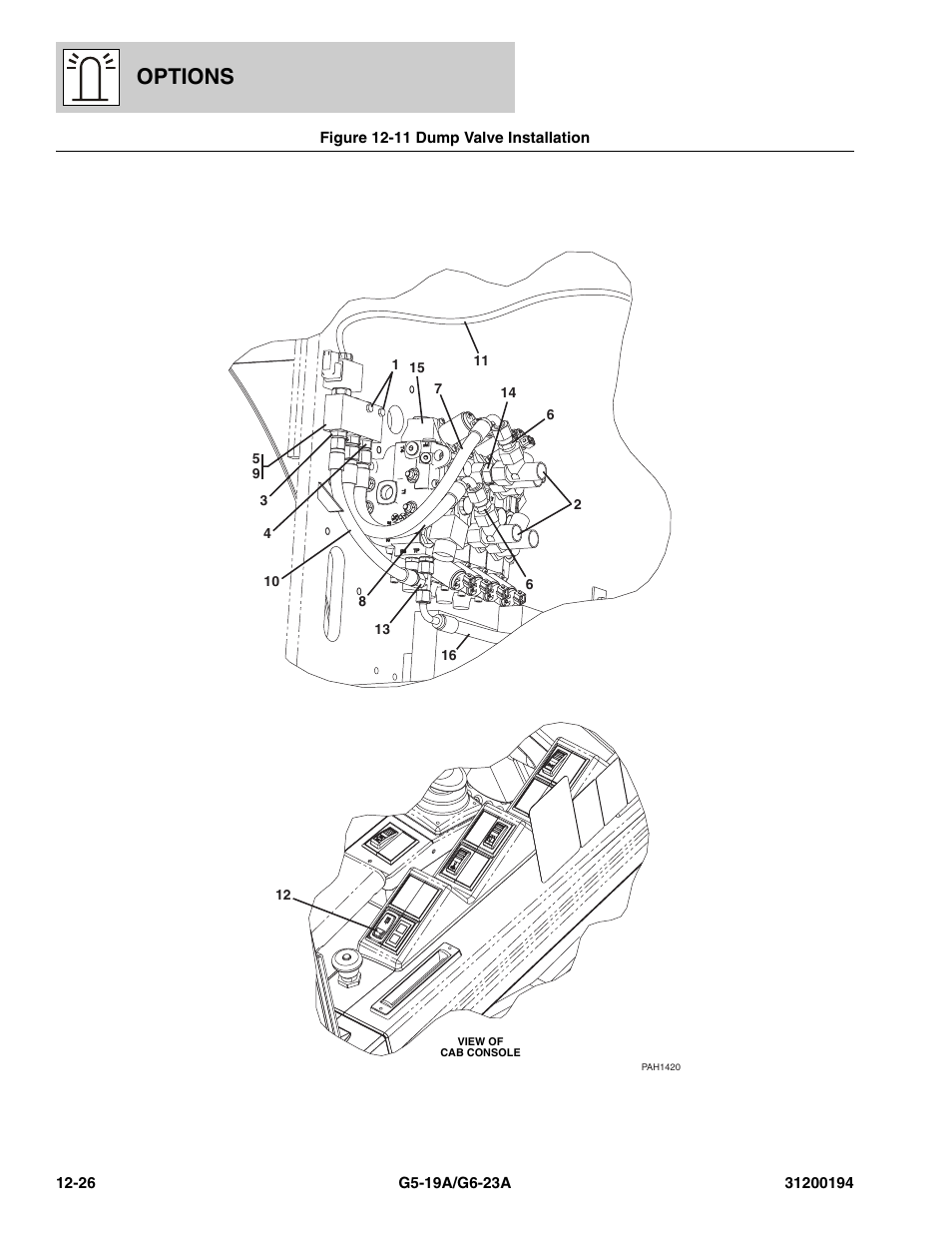 Figure 12-11 dump valve installation, Dump valve installation -26, Options | JLG G6-23A Parts Manual User Manual | Page 302 / 318