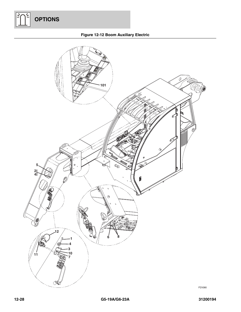 Figure 12-12 boom auxiliary electric, Boom auxiliary electric -28, Options | JLG G6-23A Parts Manual User Manual | Page 304 / 318