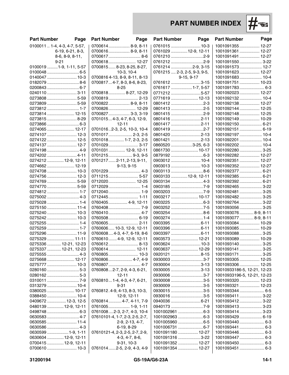 Part number index, Section 14 – part number index -1 | JLG G6-23A Parts Manual User Manual | Page 309 / 318