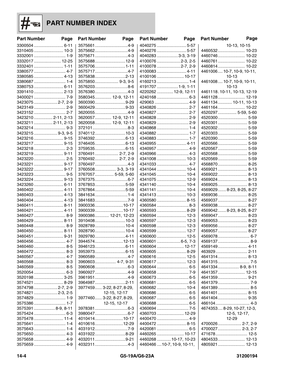 Part number index | JLG G6-23A Parts Manual User Manual | Page 312 / 318