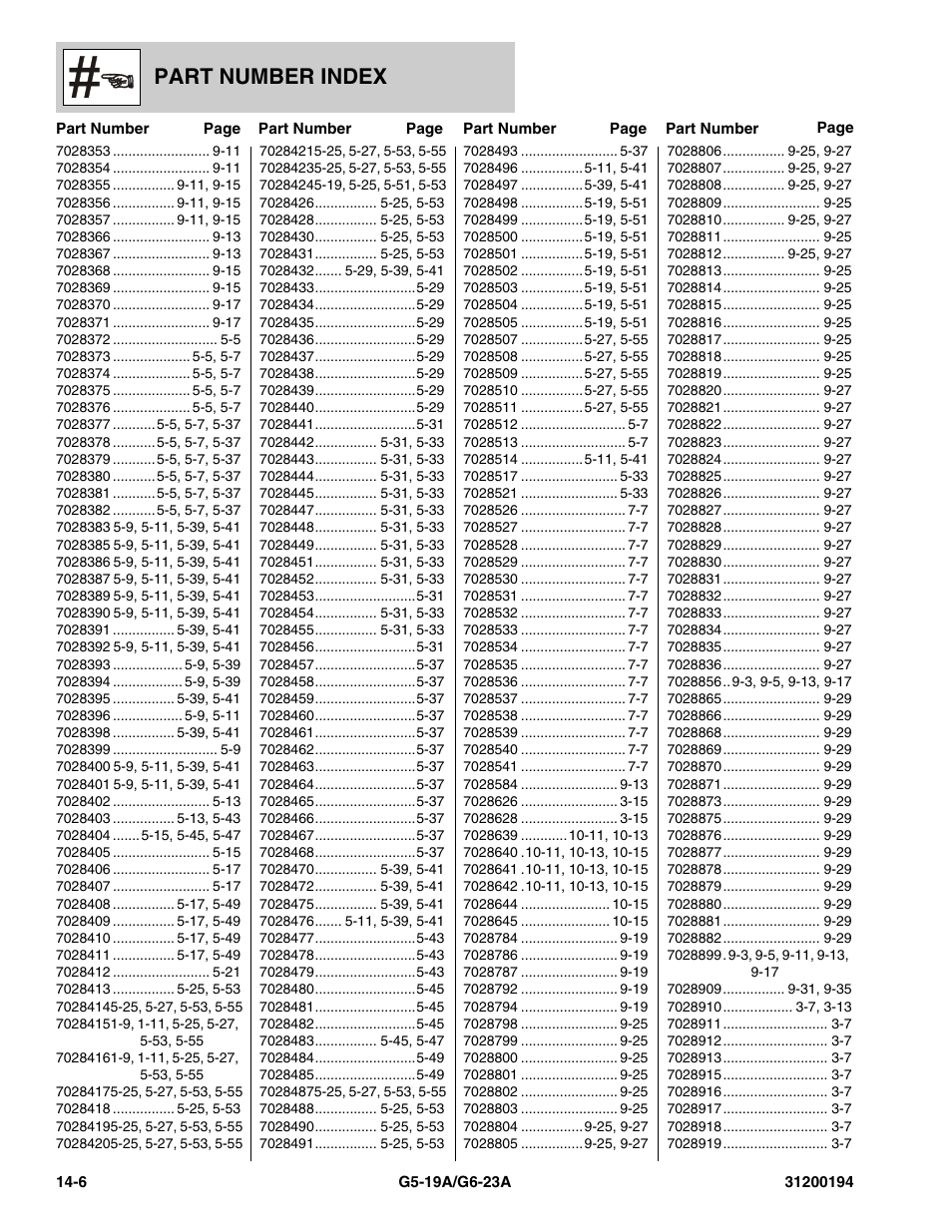 Part number index | JLG G6-23A Parts Manual User Manual | Page 314 / 318