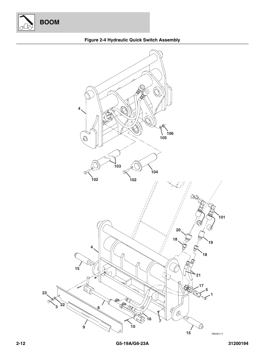 Figure 2-4 hydraulic quick switch assembly, Hydraulic quick switch assembly -12, Boom | JLG G6-23A Parts Manual User Manual | Page 32 / 318