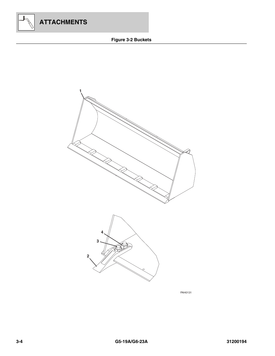 Figure 3-2 buckets, Buckets -4, Attachments | JLG G6-23A Parts Manual User Manual | Page 38 / 318