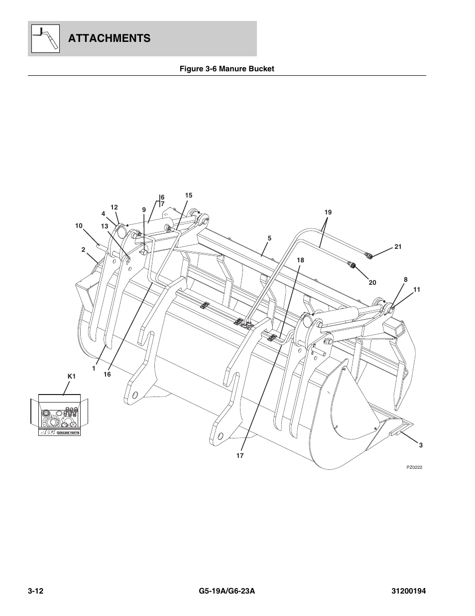 Figure 3-6 manure bucket, Manure bucket -12, Attachments | JLG G6-23A Parts Manual User Manual | Page 46 / 318