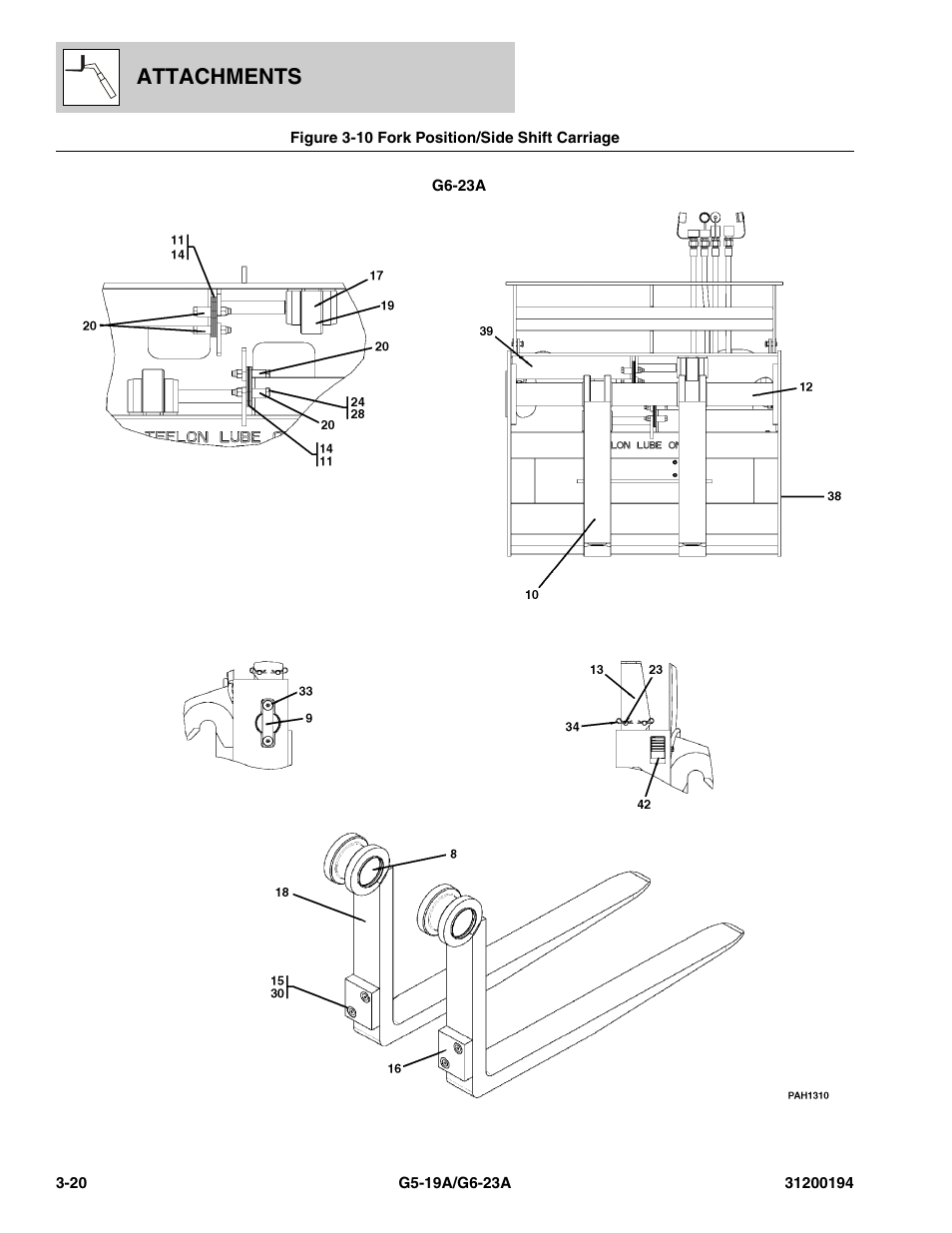 Figure 3-10 fork position/side shift carriage, Fork position/side shift carriage -20, Attachments | JLG G6-23A Parts Manual User Manual | Page 54 / 318