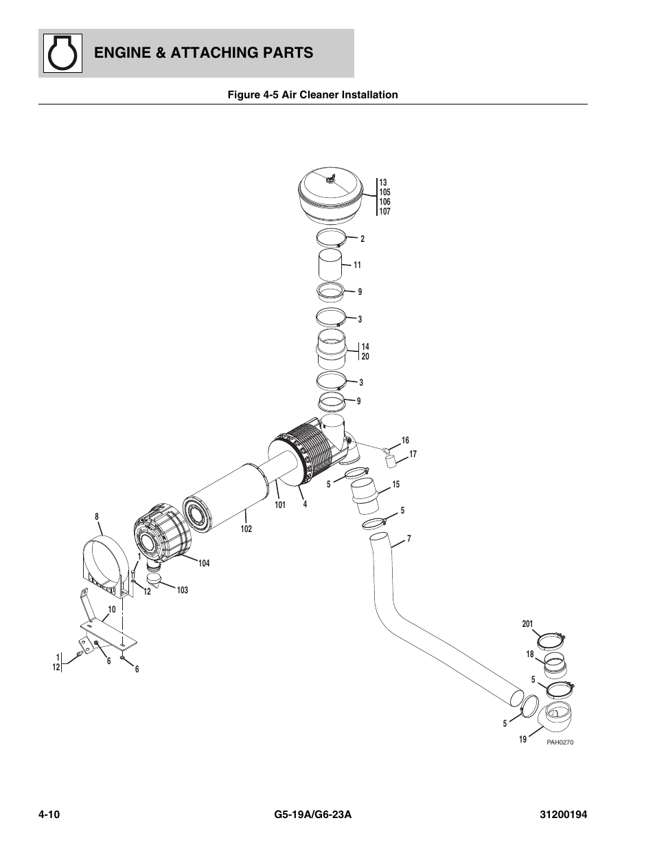Figure 4-5 air cleaner installation, Air cleaner installation -10, Engine & attaching parts | JLG G6-23A Parts Manual User Manual | Page 70 / 318