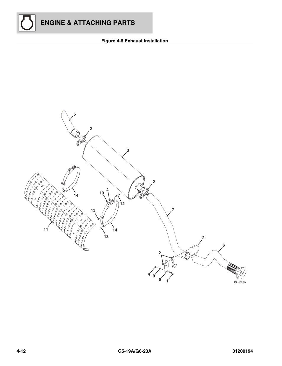 Figure 4-6 exhaust installation, Exhaust installation -12, Engine & attaching parts | JLG G6-23A Parts Manual User Manual | Page 72 / 318