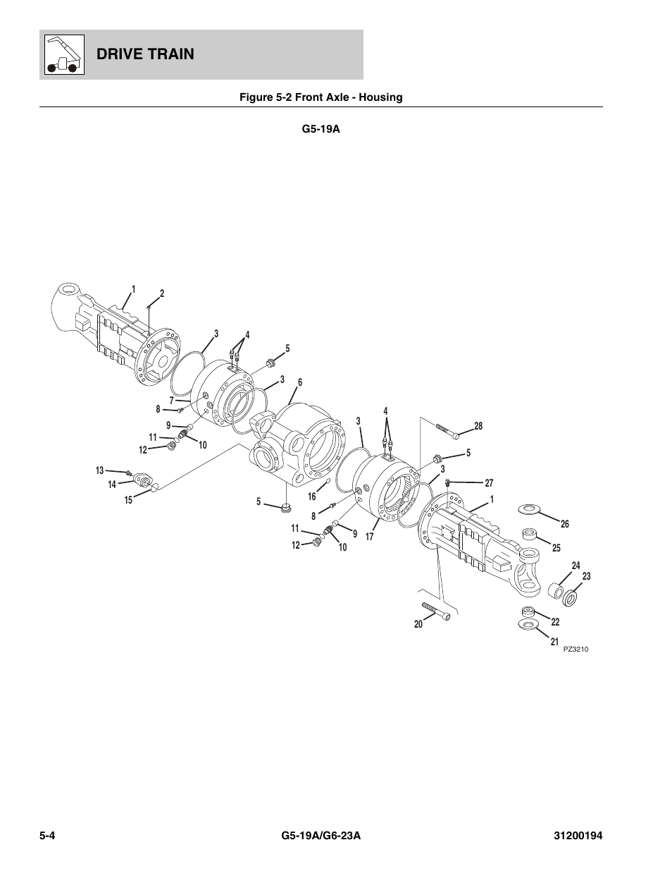 Figure 5-2 front axle - housing, Front axle - housing -4, Drive train | JLG G6-23A Parts Manual User Manual | Page 78 / 318