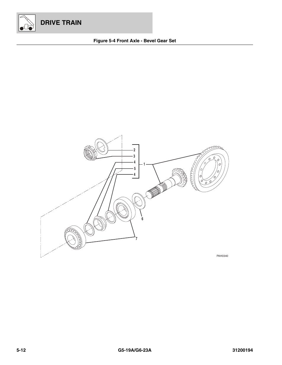Figure 5-4 front axle - bevel gear set, Front axle - bevel gear set -12, Drive train | JLG G6-23A Parts Manual User Manual | Page 86 / 318