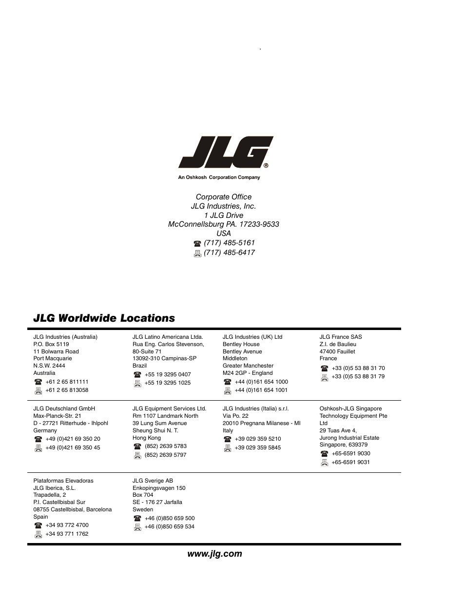 Jlg worldwide locations | JLG 45e Parts Manual User Manual | Page 230 / 230