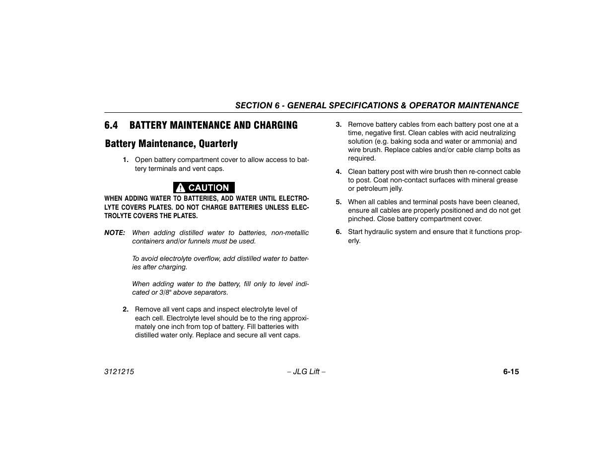 4 battery maintenance and charging, Battery maintenance, quarterly, 4 battery maintenance and charging -15 | Battery maintenance, quarterly -15 | JLG M400 Operator Manual User Manual | Page 107 / 118