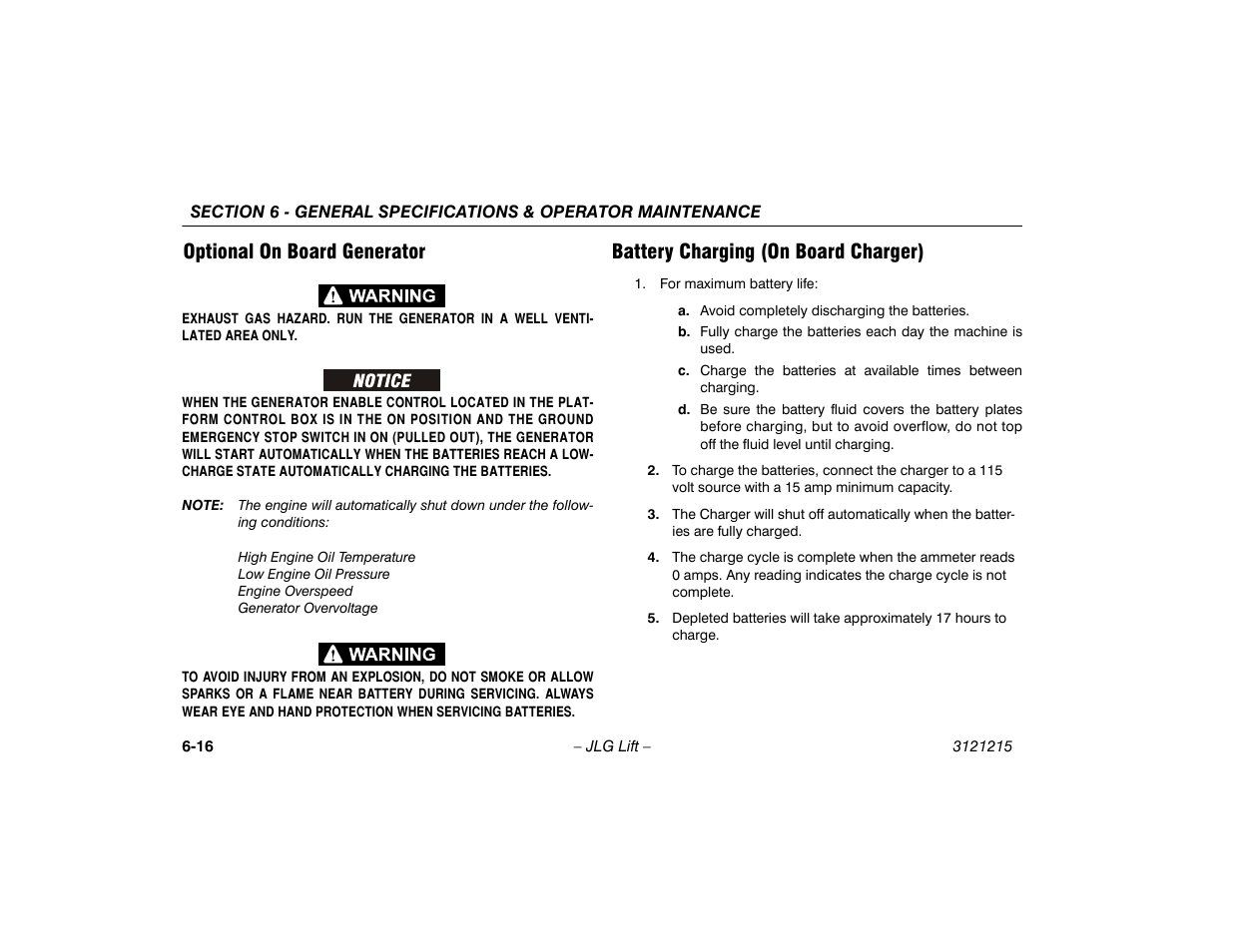 Optional on board generator, Battery charging (on board charger), Optional on board generator -16 | Battery charging (on board charger) -16 | JLG M400 Operator Manual User Manual | Page 108 / 118