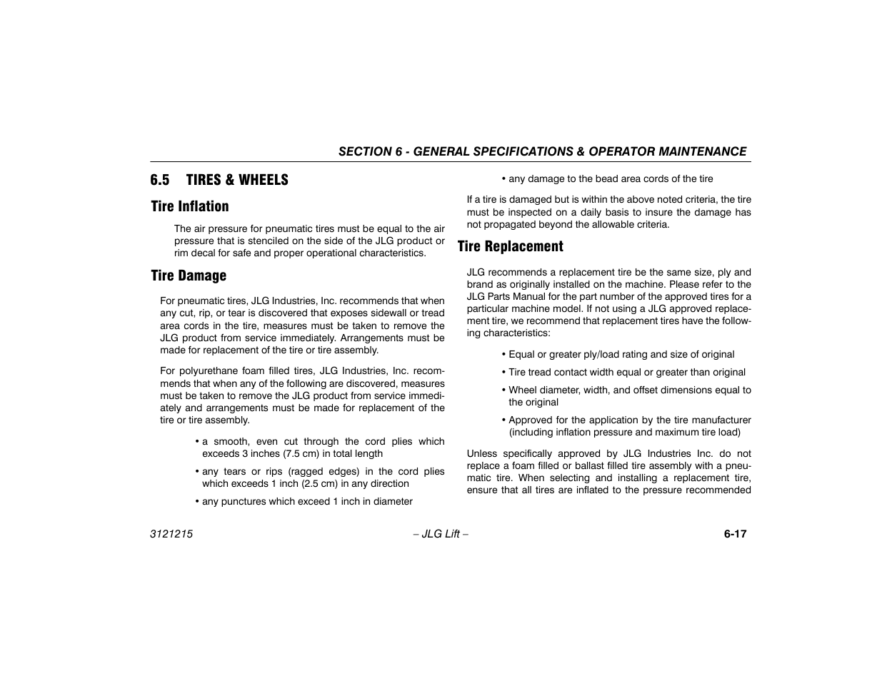 5 tires & wheels, Tire inflation, Tire damage | Tire replacement, 5 tires & wheels -17, 5 tires & wheels tire inflation | JLG M400 Operator Manual User Manual | Page 109 / 118