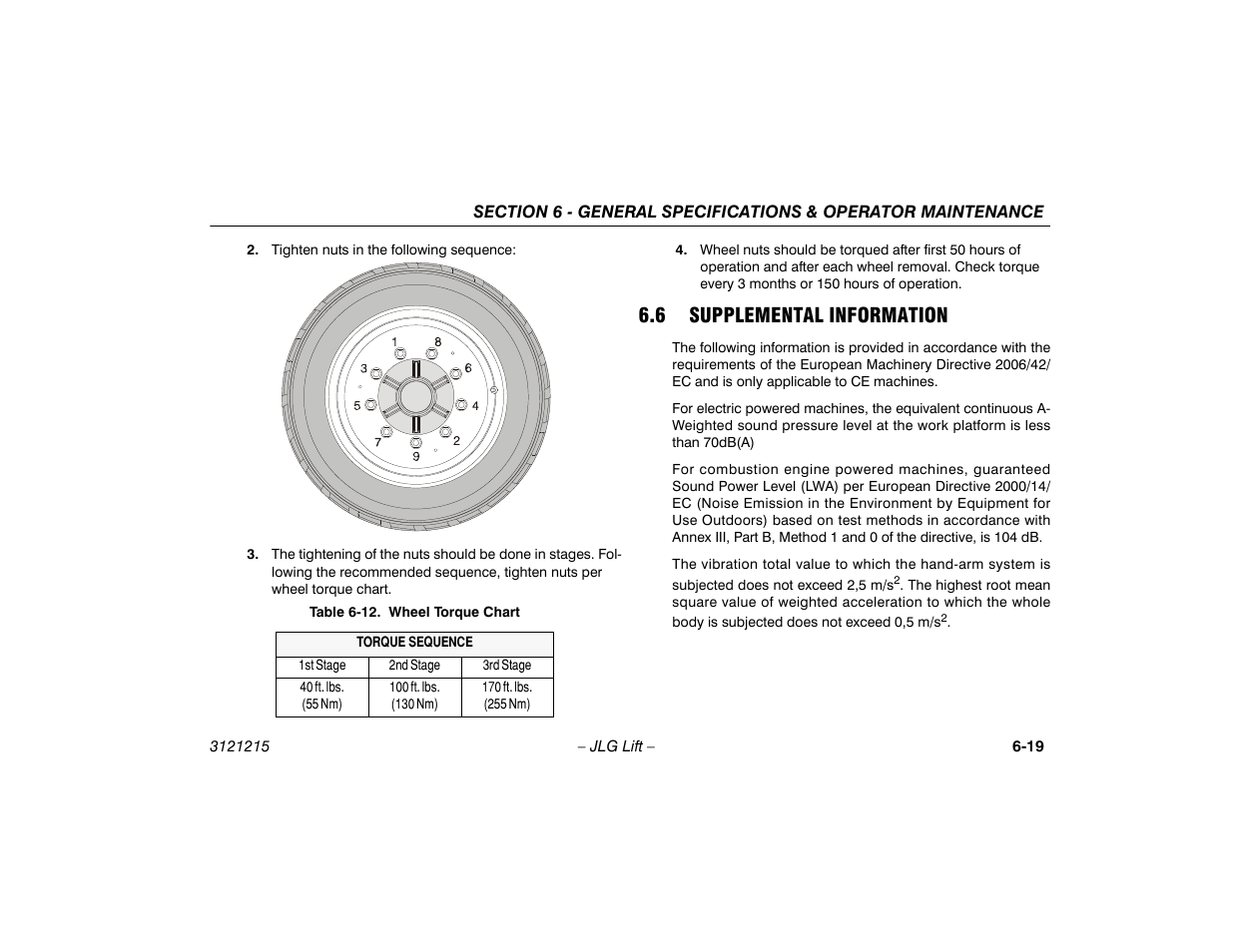 6 supplemental information, 6 supplemental information -19, 12 wheel torque chart -19 | JLG M400 Operator Manual User Manual | Page 111 / 118