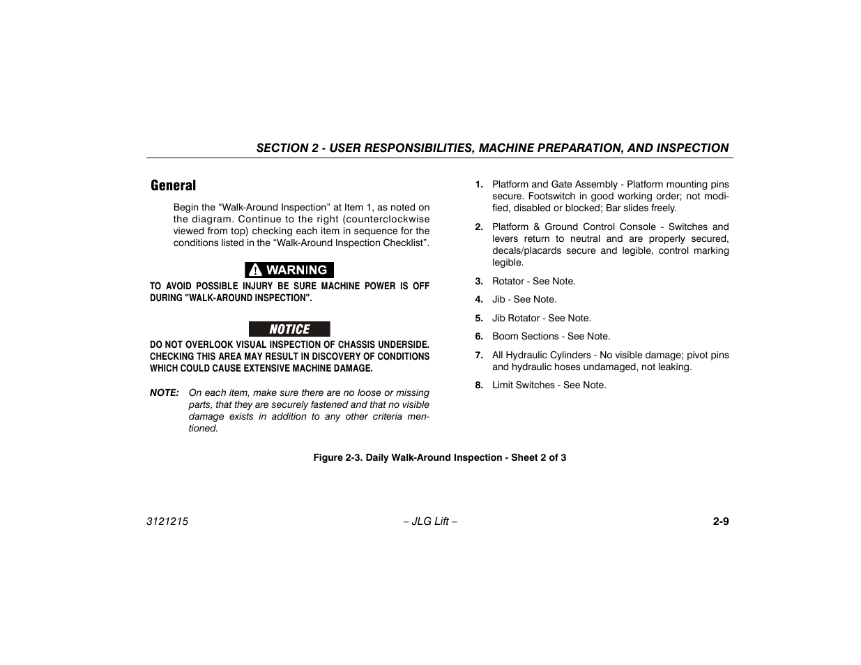 General -9, Daily walk-around inspection - sheet 2 of 3 -9, General | JLG M400 Operator Manual User Manual | Page 29 / 118
