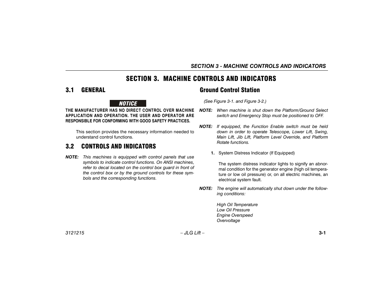 Section 3. machine controls and indicators, 1 general, 2 controls and indicators | Ground control station, Section - 3 - machine controls and indicators, 1 general -1 3.2 controls and indicators -1, Ground control station -1 | JLG M400 Operator Manual User Manual | Page 31 / 118