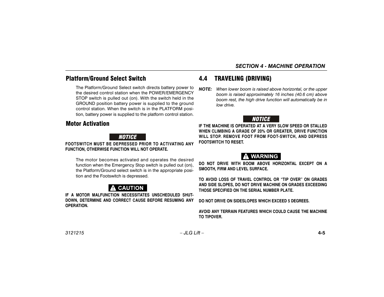 Platform/ground select switch, Motor activation, 4 traveling (driving) | 4 traveling (driving) -5 | JLG M400 Operator Manual User Manual | Page 51 / 118