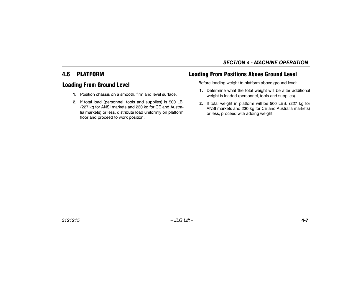 6 platform, Loading from ground level, Loading from positions above ground level | 6 platform -7, 6 platform loading from ground level | JLG M400 Operator Manual User Manual | Page 53 / 118