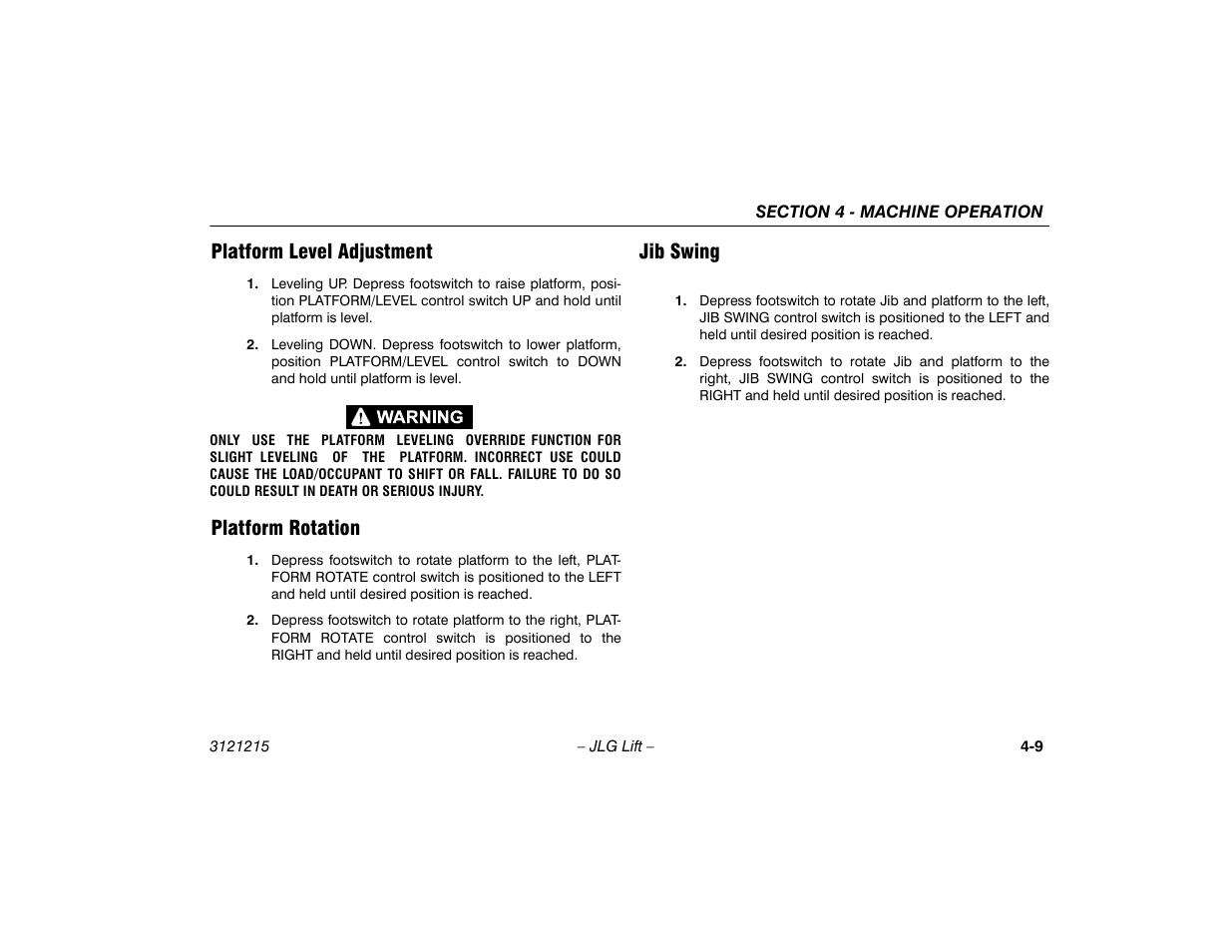 Platform level adjustment, Platform rotation, Jib swing | JLG M400 Operator Manual User Manual | Page 55 / 118