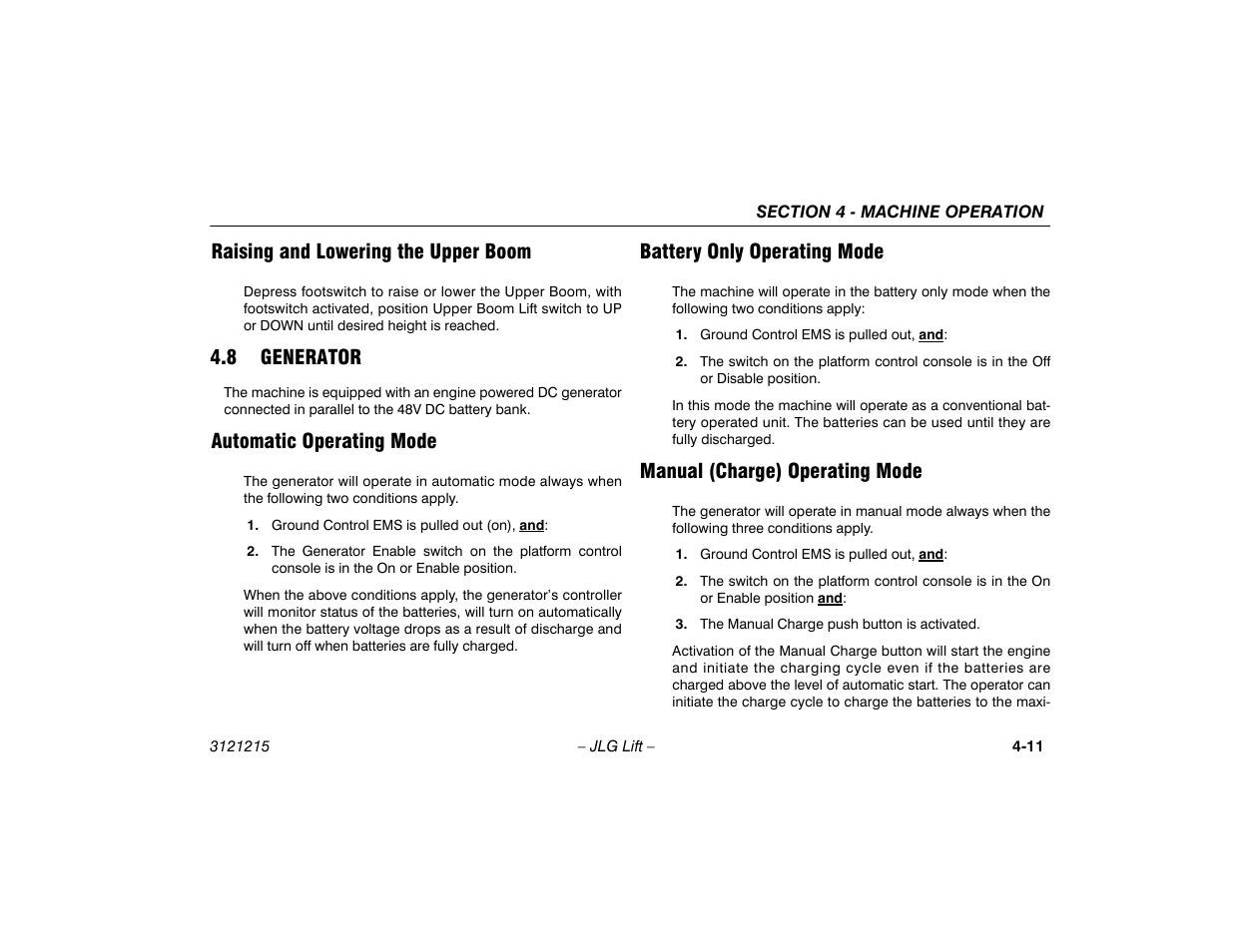 Raising and lowering the upper boom, 8 generator, Automatic operating mode | Battery only operating mode, Manual (charge) operating mode, Raising and lowering the upper boom -11, 8 generator -11 | JLG M400 Operator Manual User Manual | Page 57 / 118