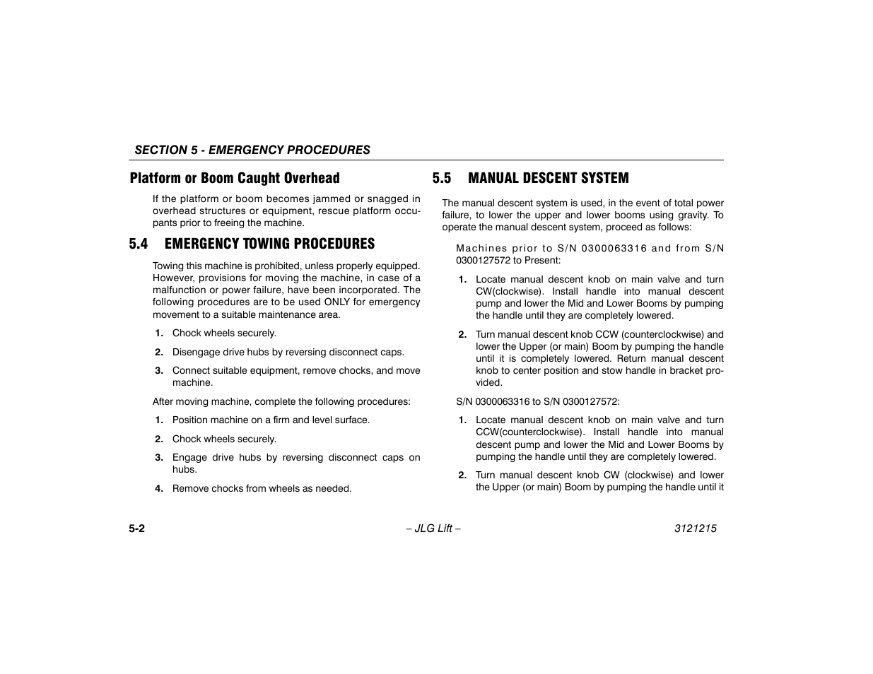Platform or boom caught overhead, 4 emergency towing procedures, 5 manual descent system | Platform or boom caught overhead -2 | JLG M400 Operator Manual User Manual | Page 90 / 118