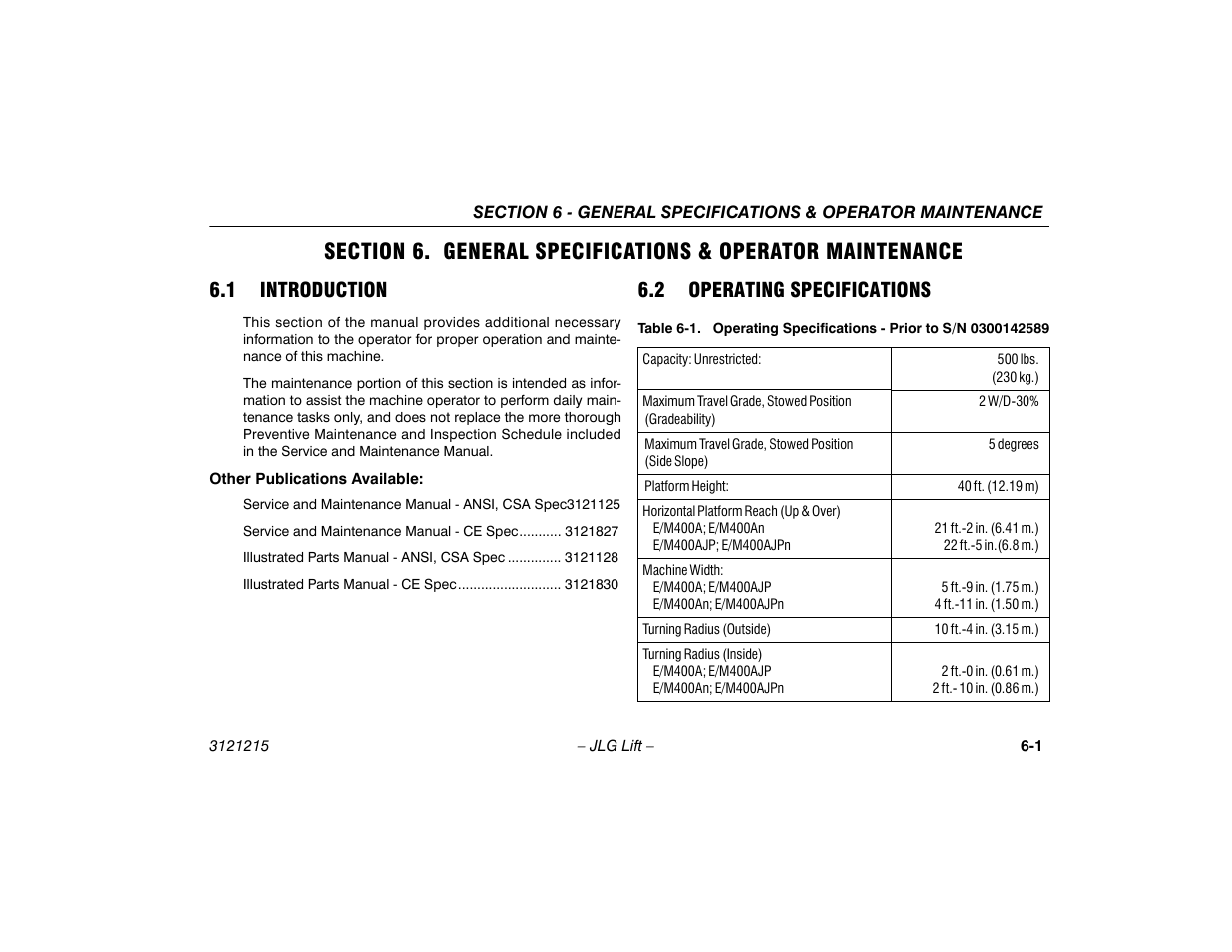 1 introduction, 2 operating specifications, 1 introduction -1 6.2 operating specifications -1 | JLG M400 Operator Manual User Manual | Page 93 / 118