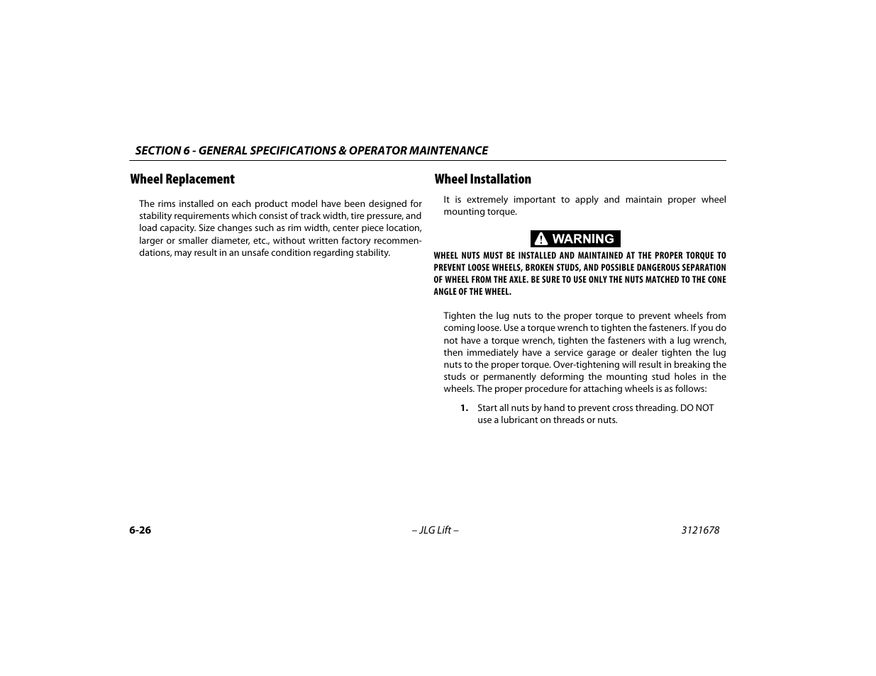 Wheel replacement, Wheel installation, Wheel replacement -26 wheel installation -26 | JLG 680S Operator Manual User Manual | Page 114 / 124