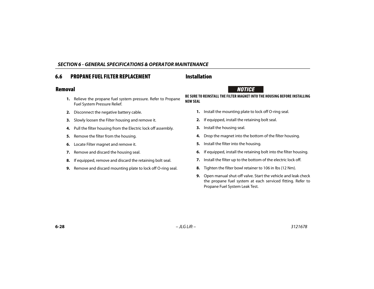 6 propane fuel filter replacement, Removal, Installation | Propane fuel filter replacement -28, Removal -28 installation -28, 6 propane fuel filter replacement removal | JLG 680S Operator Manual User Manual | Page 116 / 124