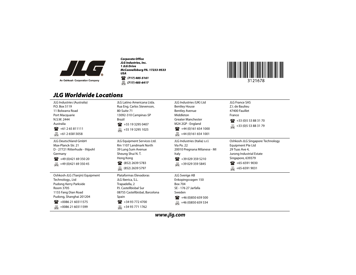 Jlg worldwide locations | JLG 680S Operator Manual User Manual | Page 124 / 124