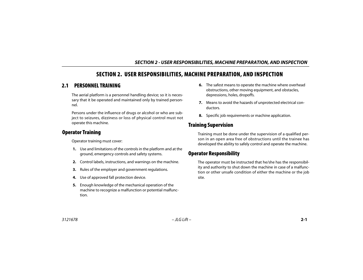 1 personnel training, Operator training, Training supervision | Operator responsibility, And inspection, Personnel training -1 | JLG 680S Operator Manual User Manual | Page 27 / 124