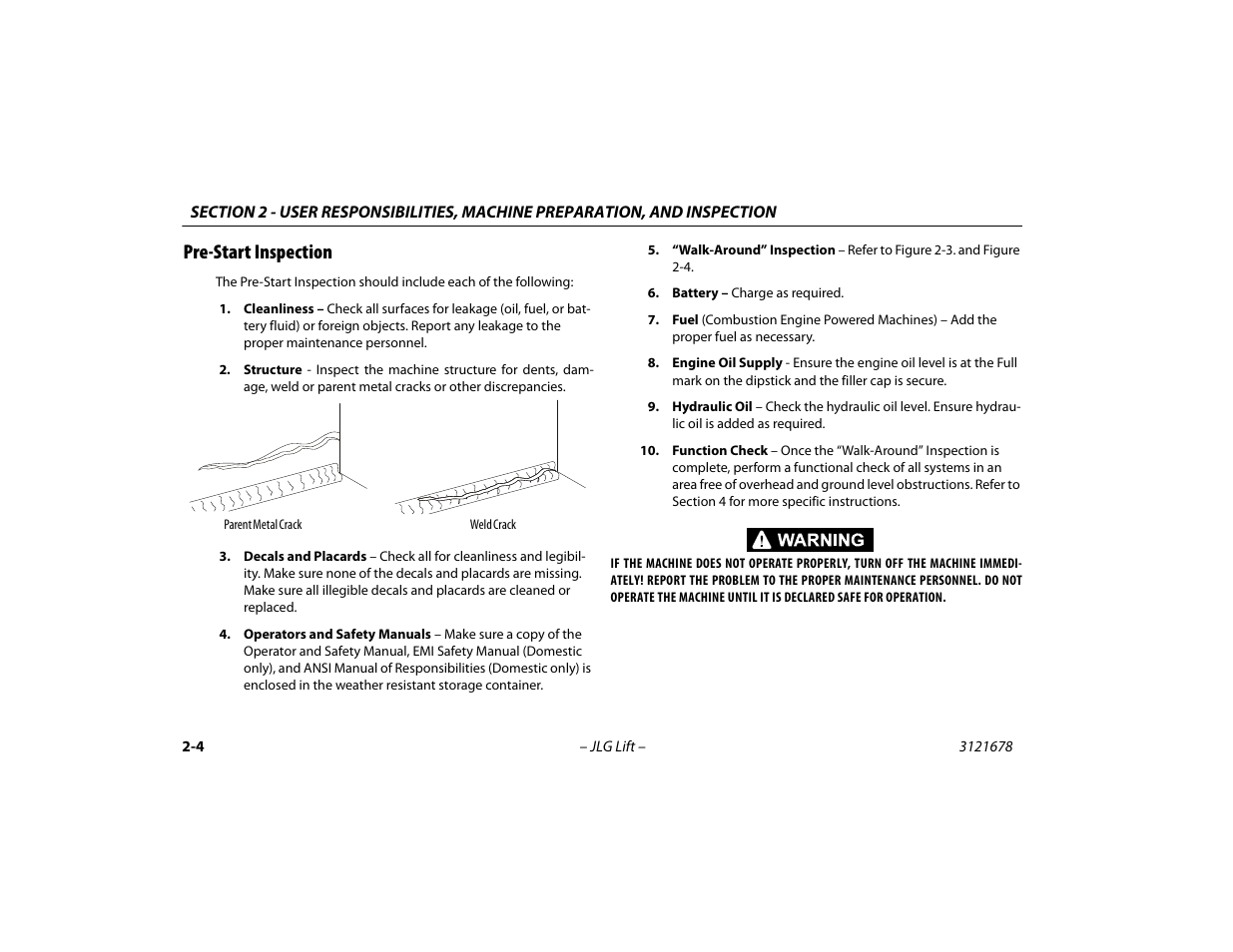 Pre-start inspection, Pre-start inspection -4 | JLG 680S Operator Manual User Manual | Page 30 / 124