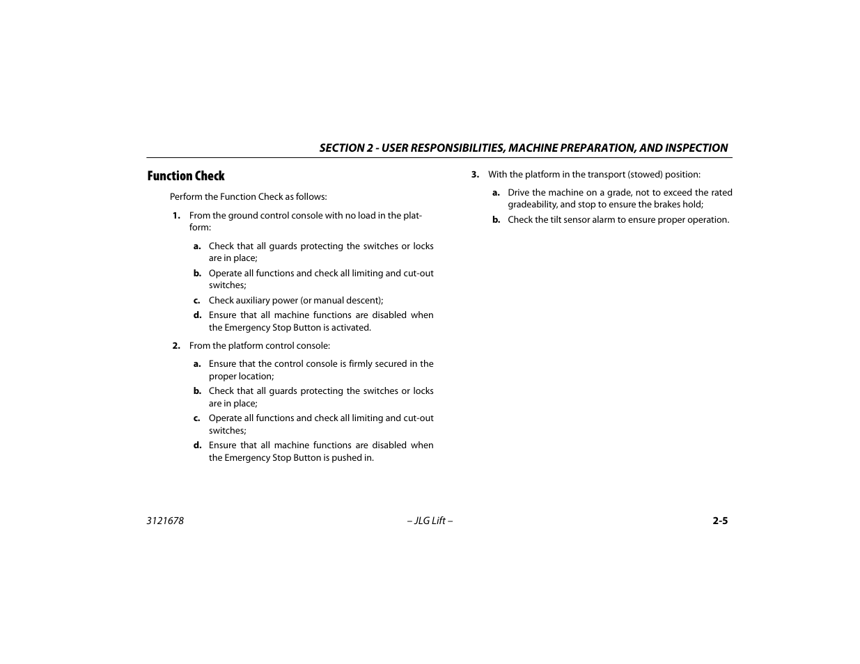 Function check, Function check -5 | JLG 680S Operator Manual User Manual | Page 31 / 124