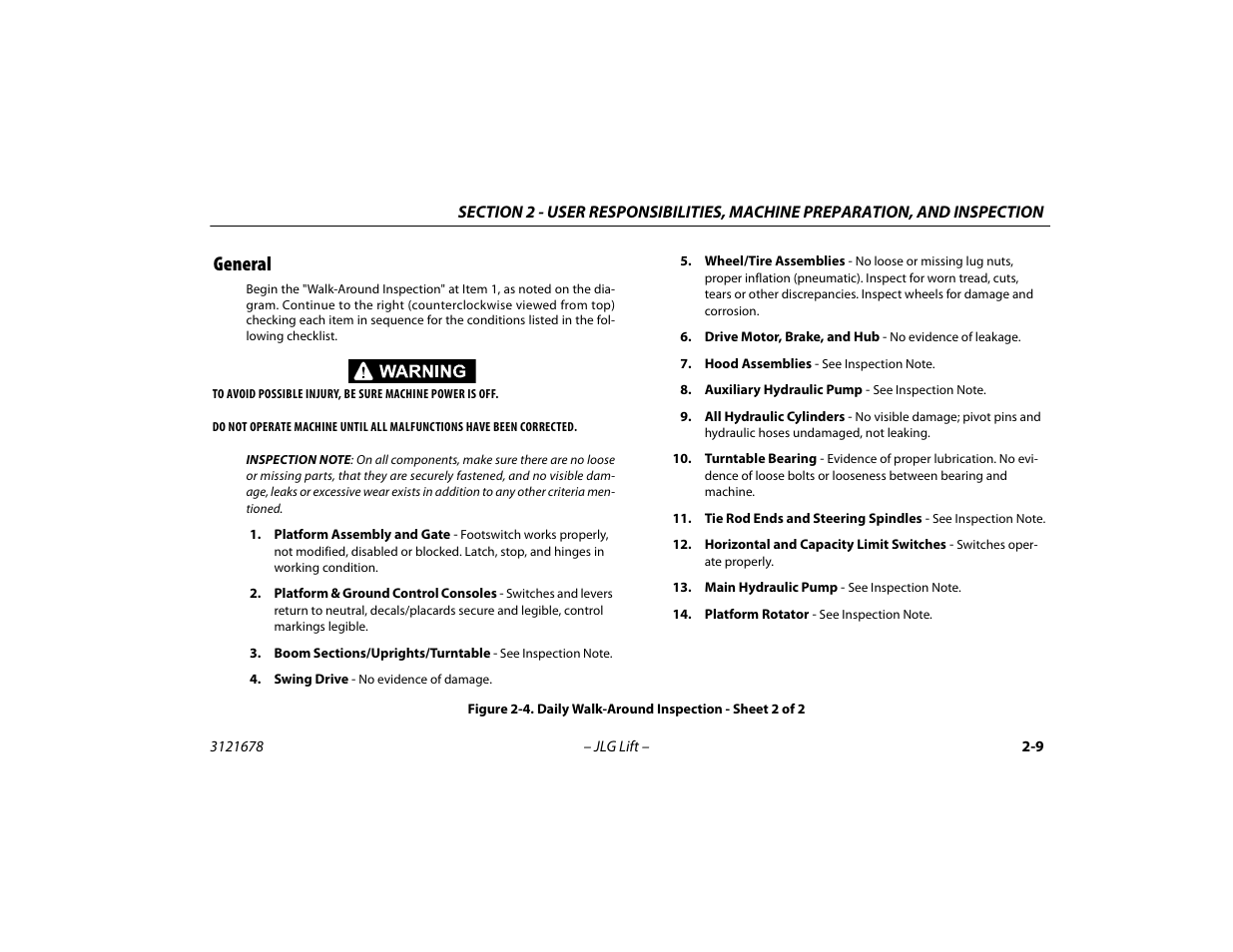 General -9, Daily walk-around inspection - sheet 2 of 2 -9, General | JLG 680S Operator Manual User Manual | Page 35 / 124