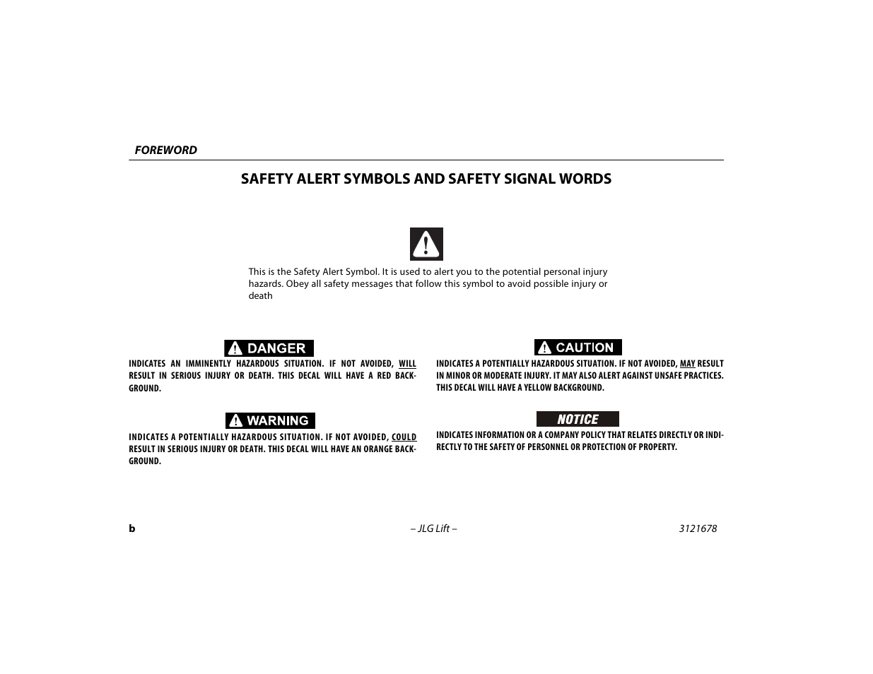 Safety alert symbols and safety signal words | JLG 680S Operator Manual User Manual | Page 4 / 124