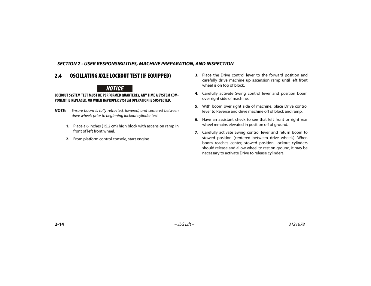 4 oscillating axle lockout test (if equipped), Oscillating axle lockout test (if equipped) -14 | JLG 680S Operator Manual User Manual | Page 40 / 124